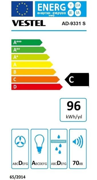 Vestel AD-9331 S 580 m3/h 90 cm Cam Karbon Filtreli Bacalı Duvar Tipi Damlumbaz Siyah