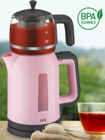 Evia Ladem Çelik Demlikli 1800 W Işıklı Çelik Gövdeli Pembe Retro Çay Makinesi