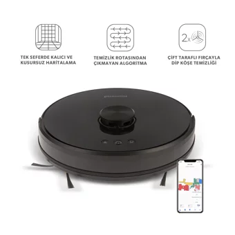 Homend Alex Laser 1282H Haritalı Moplu Çift Fırçalı Hepa Filtreli Islak Kuru 2700 Pa Siyah Robot Süpürge ve Paspas