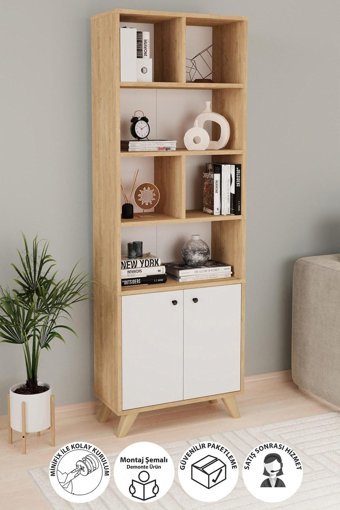 Bofigo 8 Bölmeli 5 Raflı Suntalam 127 cm Beyaz-Meşe Kitaplık