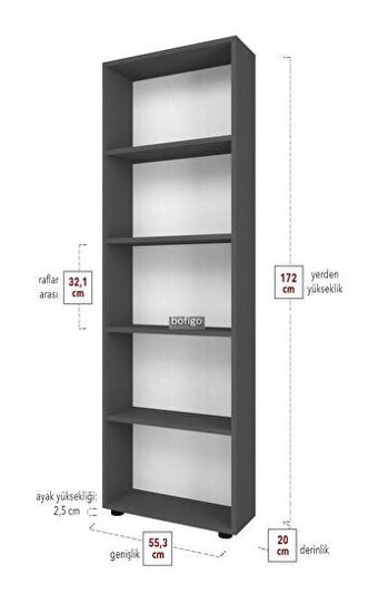 Bofigo 5 Raflı Suntalam 172 cm Antrasit Kitaplık