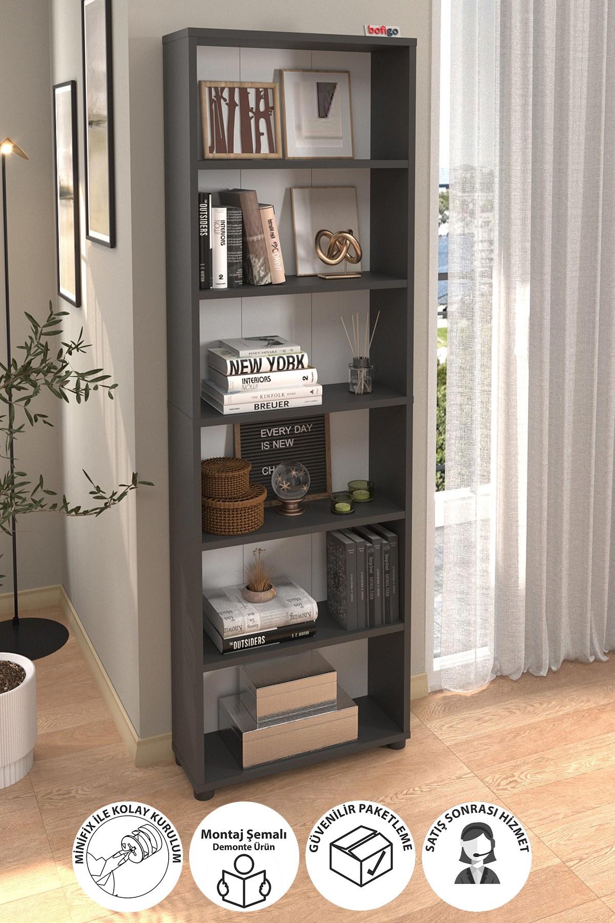 Bofigo 6 Raflı Suntalam 174 cm Antrasit Kitaplık