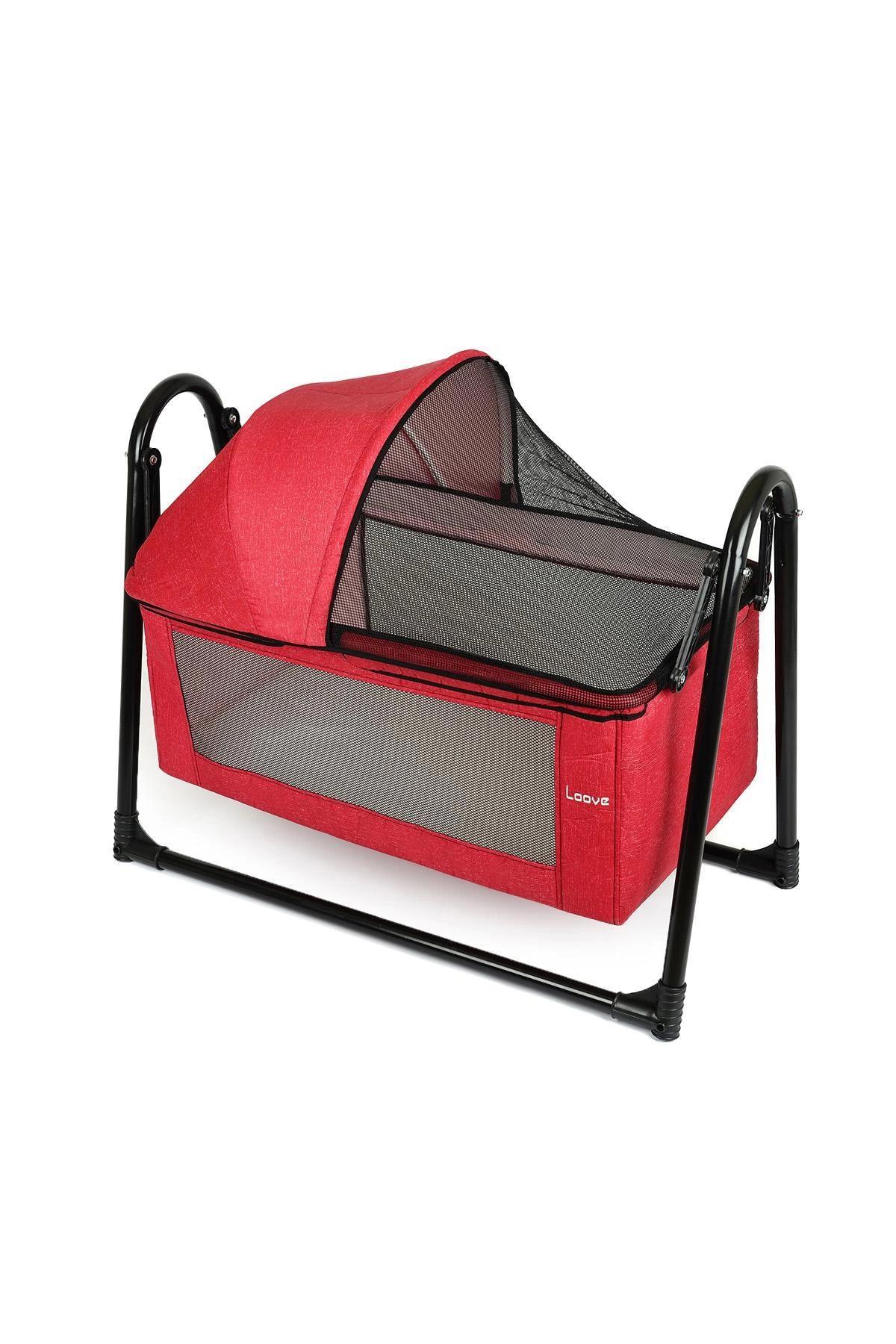 Loove Bebe Smoll Metal MDF 20 kg Kapasiteli Dikdörtgen Yataklı Sallanan Portatif Beşik Kırmızı