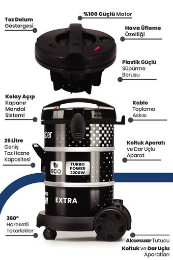 Goldmaster Turbomax25 2200 W Dikey Toz Torbalı Süpürge Siyah
