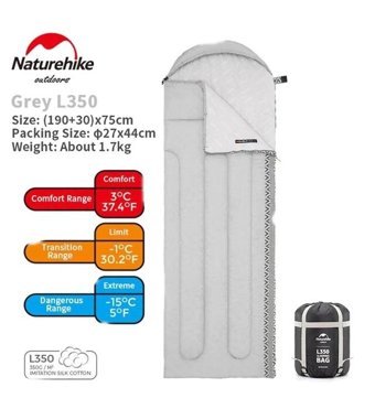 Naturehike L350 -15 / 3 Derece Pamuk Dört Mevsim Kamp Tek Kişilik Yetişkin Uyku Tulumu Mavi