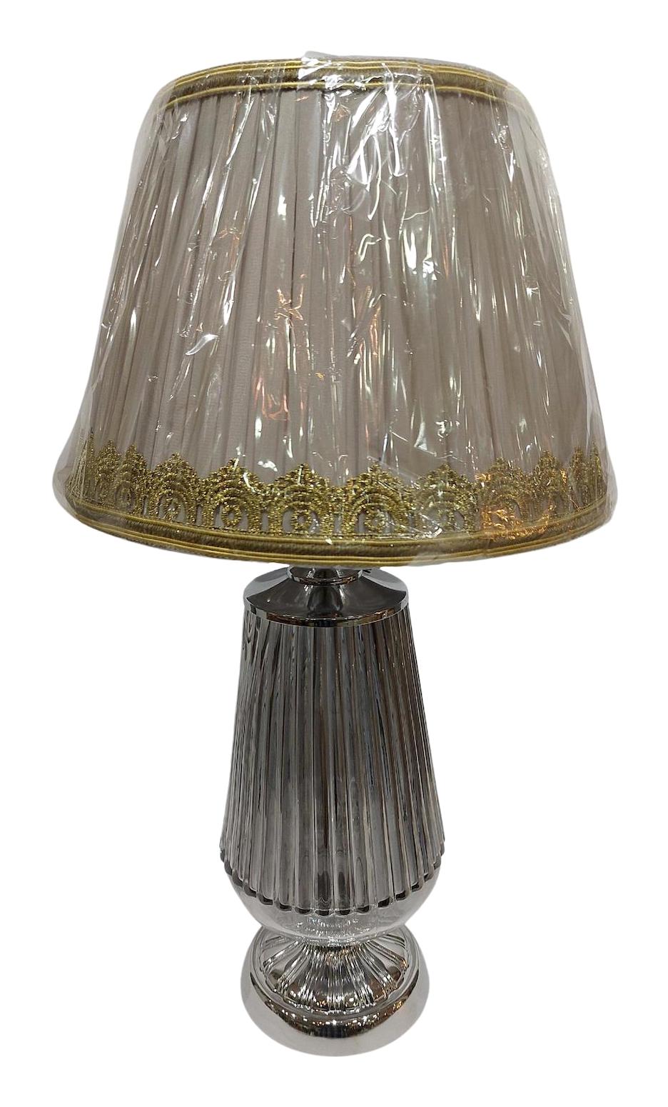 Biev Gold İşlemeli Kumaş Başlıklı Gold Gri Metal Ayaklı Abajur