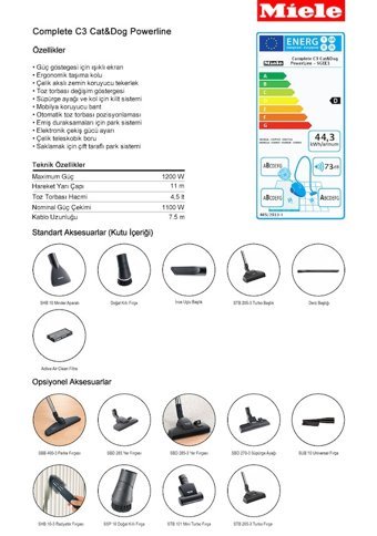Miele Complete C3 Cat&Dog Powerline SGEE1 890 W Yatay Turbo Başlıklı Toz Torbalı Süpürge Bordo