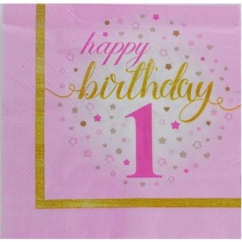 Depposıte 1 Yaş Happy Birthday Desenli Pembe Kağıt Peçete 16'lı