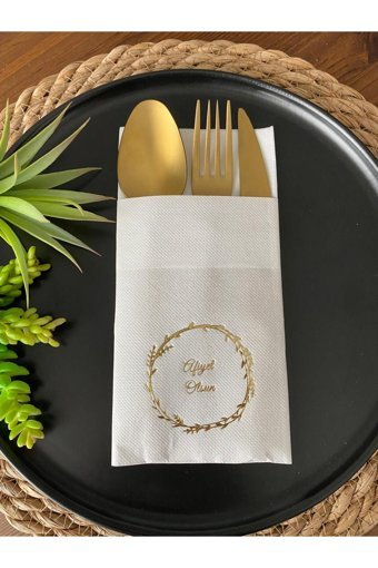 Kidspartim Gold Yaldızlı Beyaz Çelenkli Afiyet Olsun Desenli Sunum Kağıt Peçete 20'li