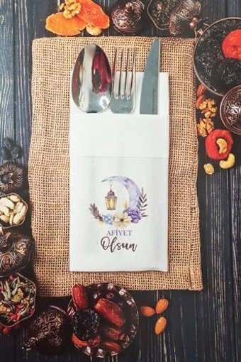 Pekshop Kumaş Dokulu Afiyet Olsun Desenli Cepli Kağıt Peçete 6'lı