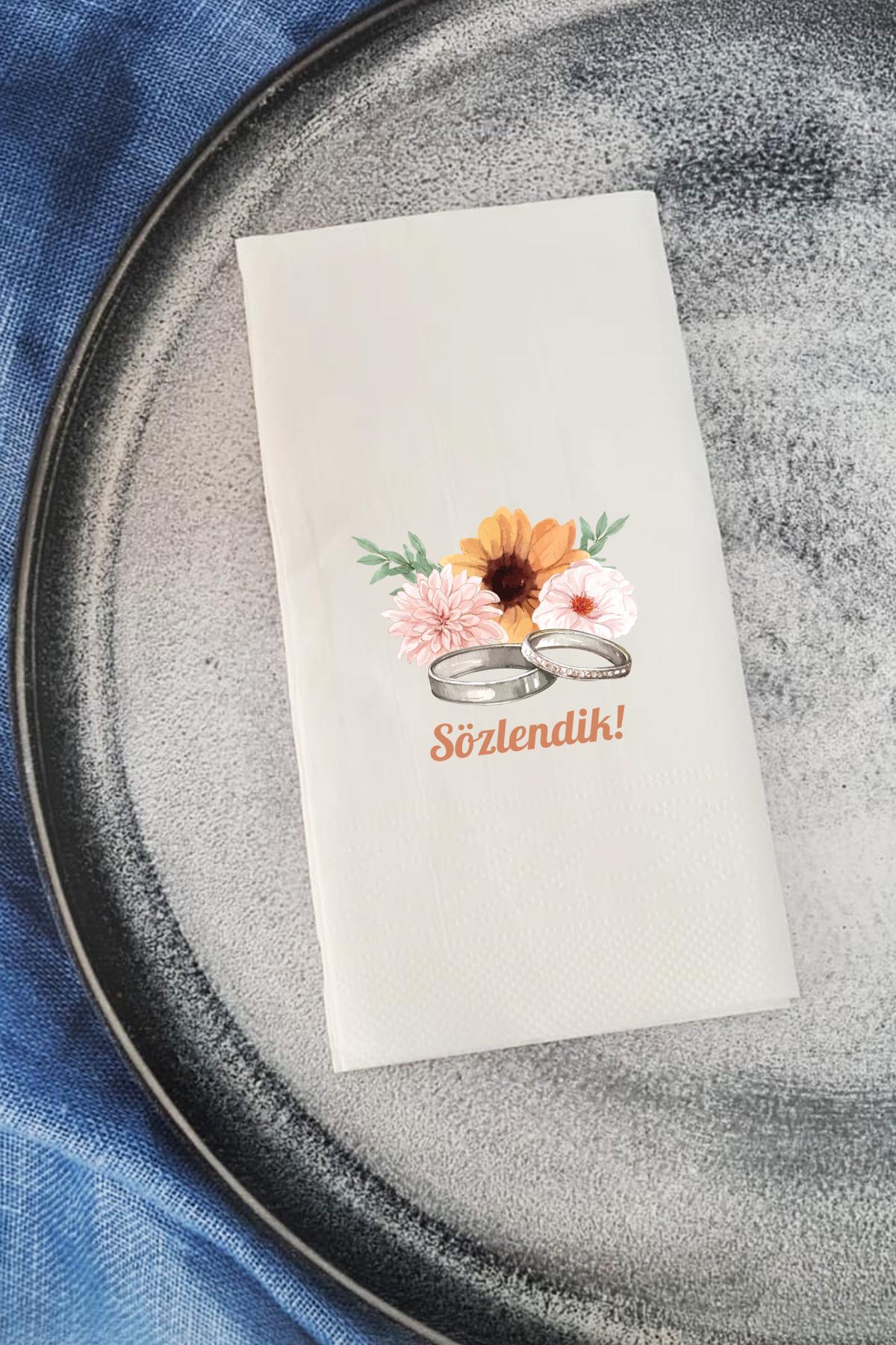 Pekshop Sözlendik Desenli Çiçekli Yüzüklü Sunum Kağıt Peçete 20'li