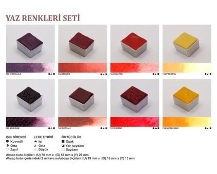 Şemse El Yapımı Yarım Tava Taş Yaz Renkleri 8'li Sulu Boya