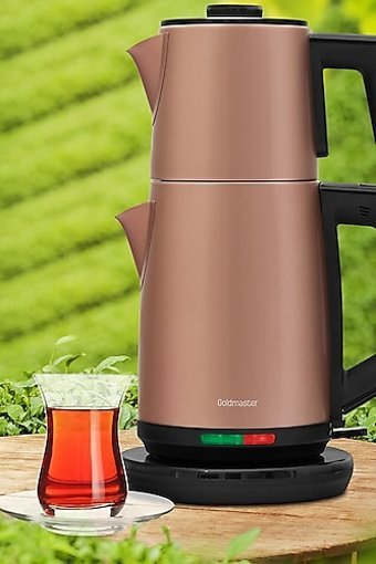 Goldmaster Akasya Otomatik Çelik Demlikli 2200 W Işıklı Çelik Gövdeli Gold Retro Çay Makinesi
