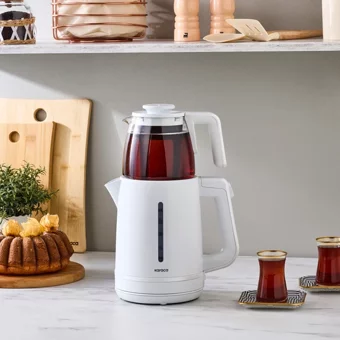 Karaca Tea Glass Cam Demlikli 1650 W Işıklı Çelik Gövdeli Beyaz Çay Makinesi