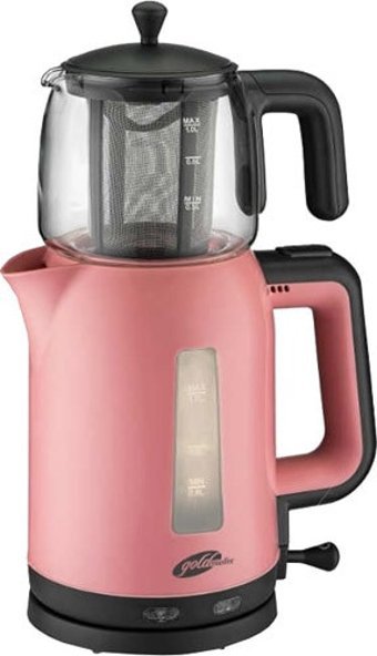 Goldmaster Demlika Otomatik Cam Demlikli 1650 W Işıklı Plastik Gövdeli Pembe Retro Çay Makinesi