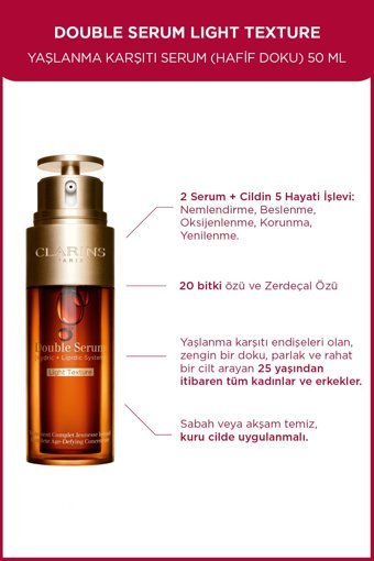 Clarins Double Serum Light Texture Yüz Dolgunlaştıran Canlandırıcı Yaşlanma Kırışıklık Karşıtı Jel Yüz Serumu 50 ml