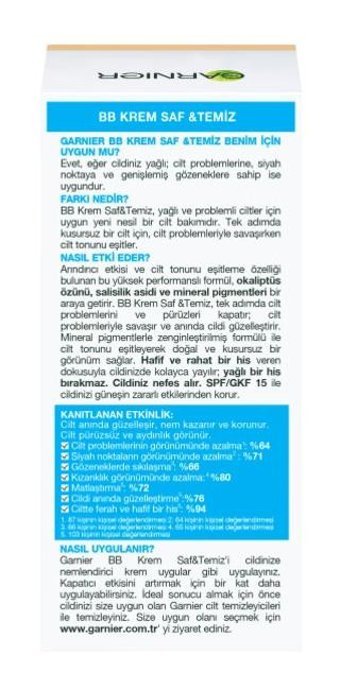 Garnier Saf Ve Temiz Problemli ve Yağlı Ciltler İçin Su Bazlı Sivilce Yapmayan BB Krem Orta Ton