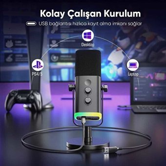 Fifine AM8 XLR Kablolu Yayıncı USB RGB Oyuncu Masaüstü Mikrofonu Siyah