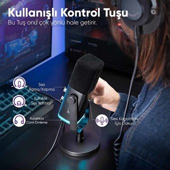 Fifine AM8 XLR Kablolu Yayıncı USB RGB Oyuncu Masaüstü Mikrofonu Siyah