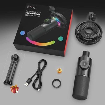 Fifine K658 Profesyonel Condenser Type C Kablolu Yayıncı USB RGB Oyuncu Masaüstü Mikrofonu Siyah