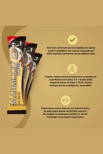 Mahmood Coffee 3'ü 1 Arada Sütlü Köpüklü 18 gr 36 Adet Granül Kahve Hazır Kahve
