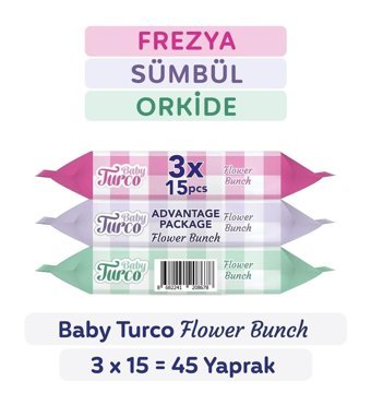 Baby Turco Flower Bunch 15 Yaprak 3'lü Paket Islak Mendil