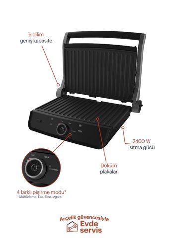 Grundig CG 8040 6 Dilim Döküm Çıkartılabilir Plaka Tek Yönlü 2400 W Izgaralı Gri Tost Makinesi