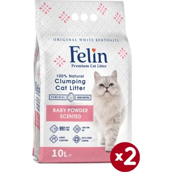 Felin Bebek Pudrası Kokulu Topaklanan İnce Taneli Bentonit Kedi Kumu 2x10 lt