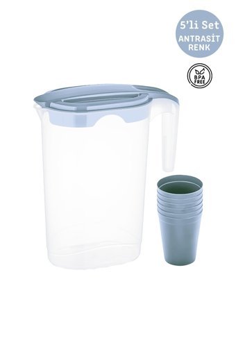 Master Plastik 1.75 lt Antrasit Plastik Kapaklı Sürahi + 5'li Plastik Bardak