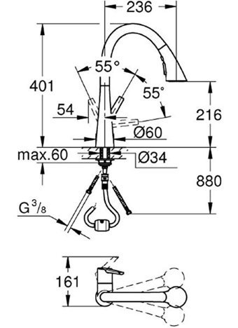 Grohe Zedra-32294002 Spiralli Kuğu Çift Girişli Aç Kapa Eviye Bataryası Gümüş