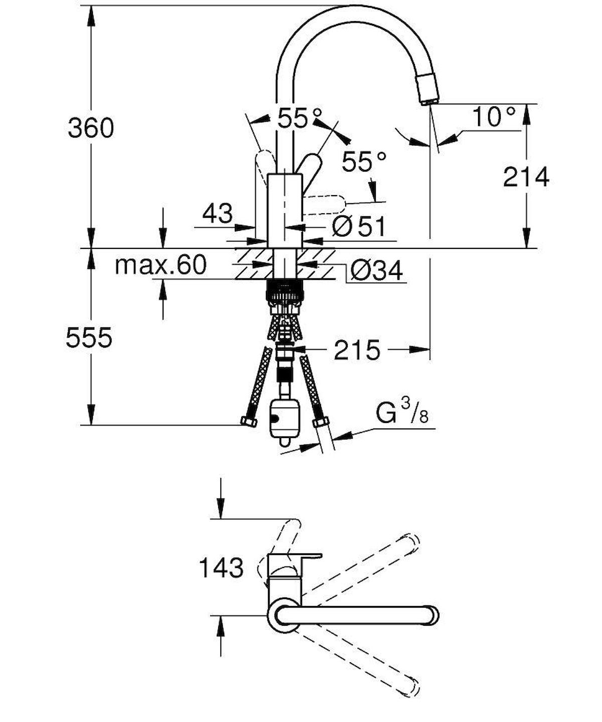 Grohe Eurost Cosmopolitan-31126004 Spiralli Çift Girişli Aç Kapa Eviye Bataryası Gümüş
