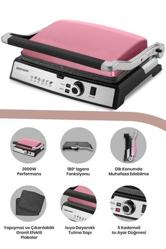 Goldmaster Gralux 6 Dilim Granit Çıkartılabilir Plaka Tek Yönlü 2000 W Izgaralı Pembe Tost Makinesi