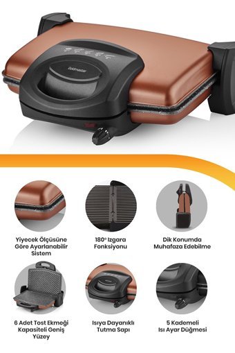 Goldmaster Lezzito 6 Dilim Granit Çıkartılabilir Plaka Çift Taraflı 1750 W Izgaralı Gold Tost Makinesi