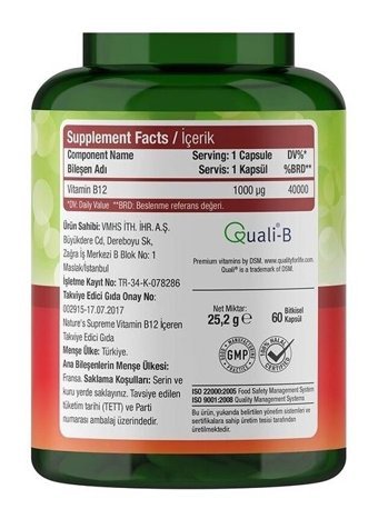 Nature'S Supreme Vitamin B12 Aromasız Yetişkin Vitamin 60 Kapsül
