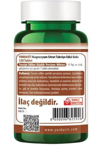 Yurdavit Magnesium Citrate Aromasız Yetişkin Vitamin 2x120 Tablet