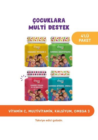 Vitago Kids Gummies Vitamin C + Kids Gummies Multivitamin Multimineral + Kids Gummies Vitamin D3 Kalsiyum + Kids Gummies Omega 3 Doğal Meyve Yetişkin Vitamin 150 ml