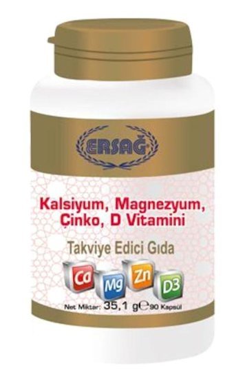 Ersağ Kalsiyum. Magnezyum. Çinko. D Vitamini Aromasız Yetişkin Vitamin 90 Kapsül