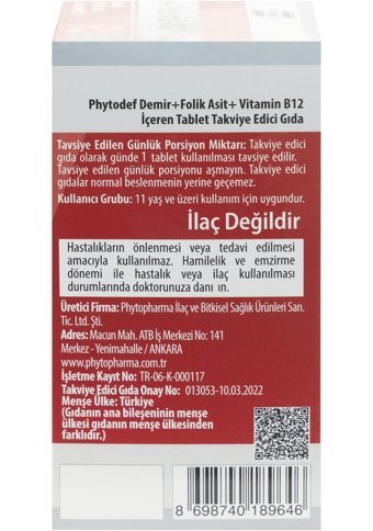 Phytodef Demir Folik Asit Vitamin B12 C Aromasız Yetişkin Vitamin 30 Kapsül