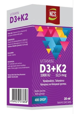 Ncs Magnesium Bisglisinat + Vitamin D3 - K2 Aromasız Yetişkin Vitamin 180 Tablet - 20 ml