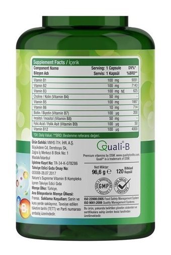 Nature'S Supreme Vitamin B Aromasız Yetişkin Vitamin 120 Kapsül