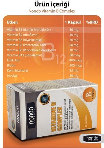 Nondo Vitamin B Complex Aromasız Yetişkin Vitamin 30 Kapsül
