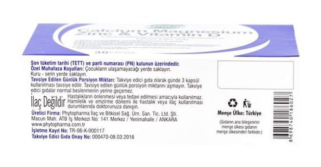 Phytodef Kalsiyum Magnezyum Çinko Vitamin D Bitki Ekstralar Yetişkin Vitamin 30 Kapsül