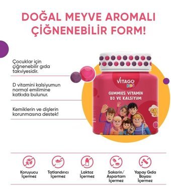 Vitago Kids Gummies Vitamin D3 Kalsiyum Doğal Meyve Yetişkin Vitamin 60 Kapsül