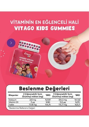 Vitago Kids Gummies Vitamin D3 Kalsiyum Doğal Meyve Yetişkin Vitamin 60 Kapsül