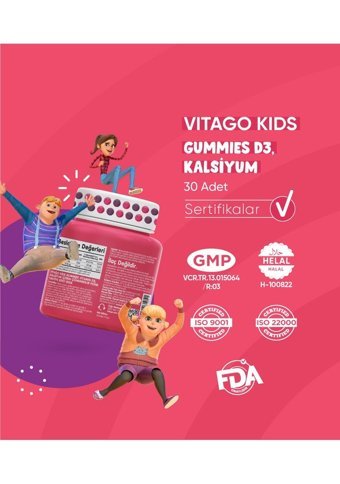 Vitago Kids Gummies Vitamin D3 Kalsiyum Doğal Meyve Yetişkin Vitamin 60 Kapsül
