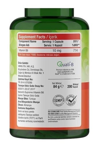Nature'S Supreme Vitamin B6 Aromasız Yetişkin Vitamin 200 Kapsül