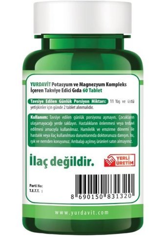 Yurdavit Kalium Magnesium Complex Aromasız Yetişkin Vitamin 2x60 Tablet