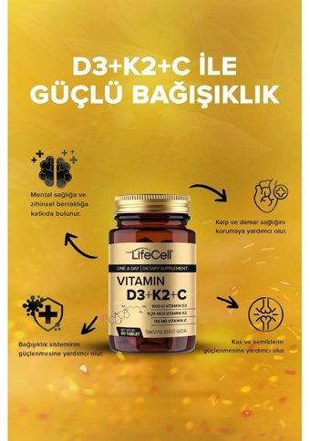 Lifecell Vitamin D3 + K2 + C Aromasız Yetişkin Vitamin 60 Tablet