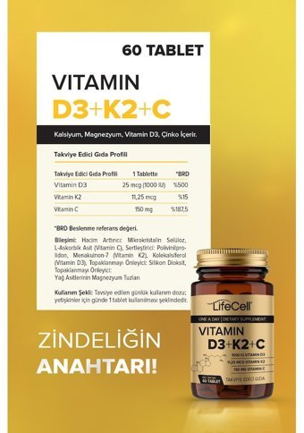 Lifecell Vitamin D3 + K2 + C Aromasız Yetişkin Vitamin 60 Tablet