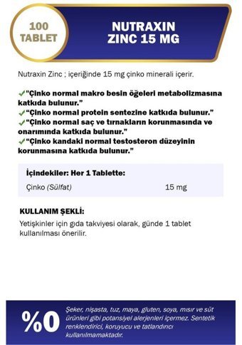 Nutraxin Zinc Aromasız Yetişkin Vitamin 100 Tablet